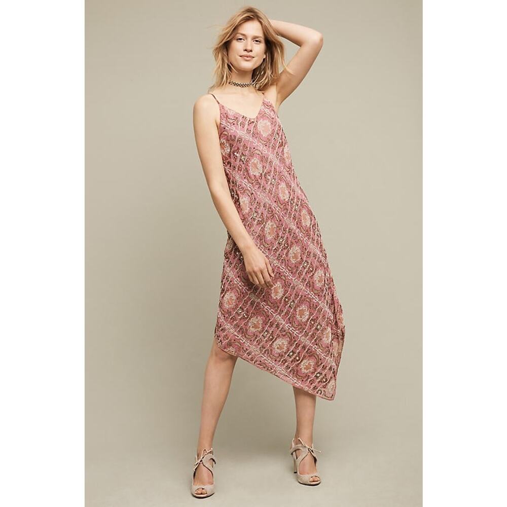 Anthropologie Floreat Pink Lilou Beaded Slip Dress US 0